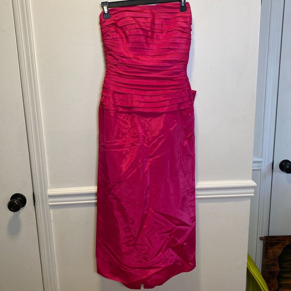Vintage Classic Sexy Tadashi Strapless Satin Dress Hot Pink Ruched Gown USA 8